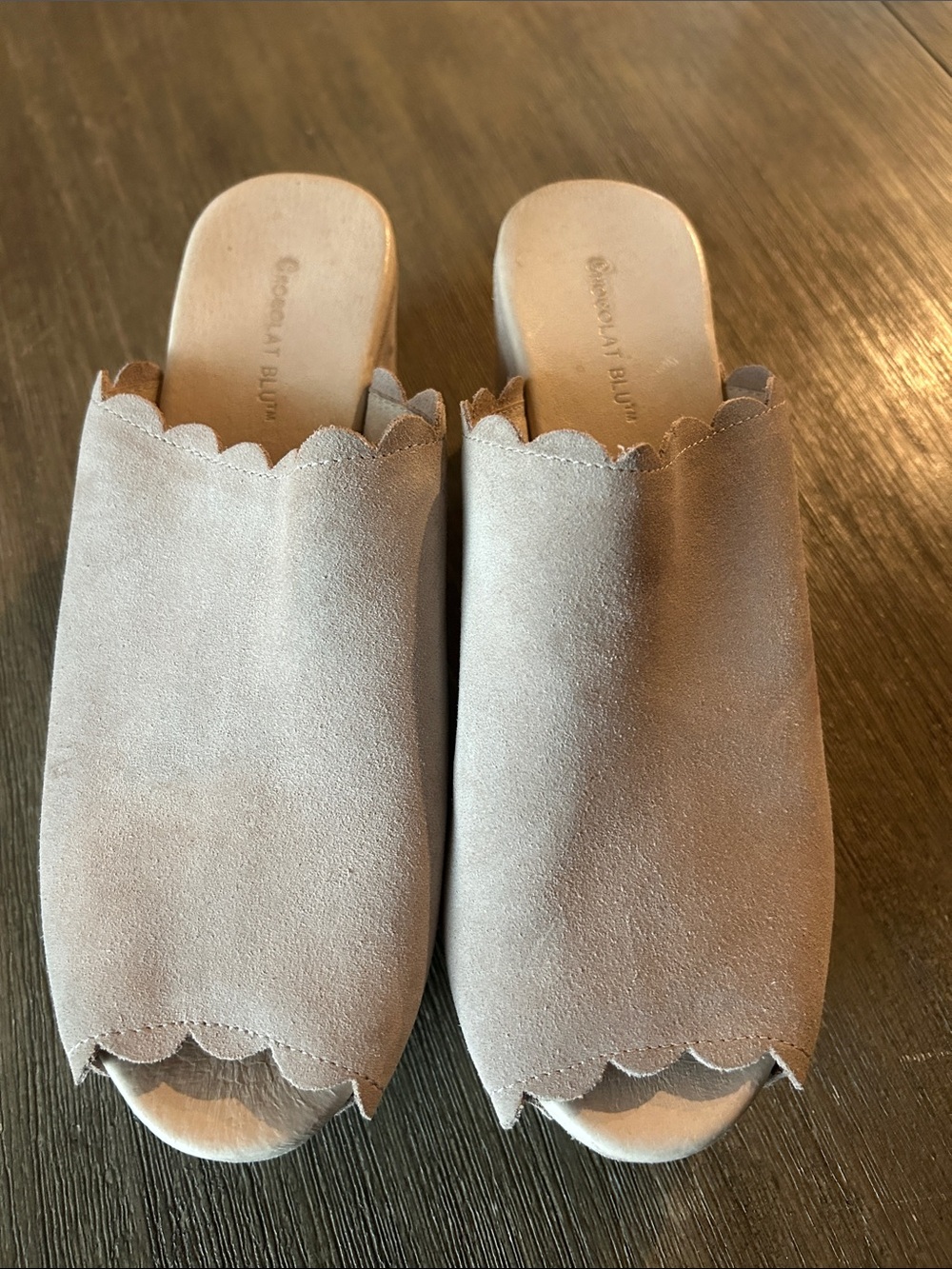 Chocolate Blu Genesis Suede Slide Mules in Light Taupe, Sz.9, Like New.